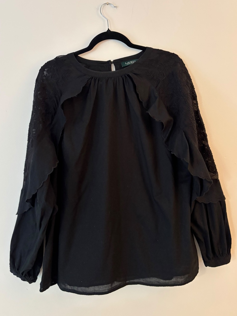 Lauren Ralph Lauren Womens L Black Embroidered Ruffle Peasant Blouse Cotton